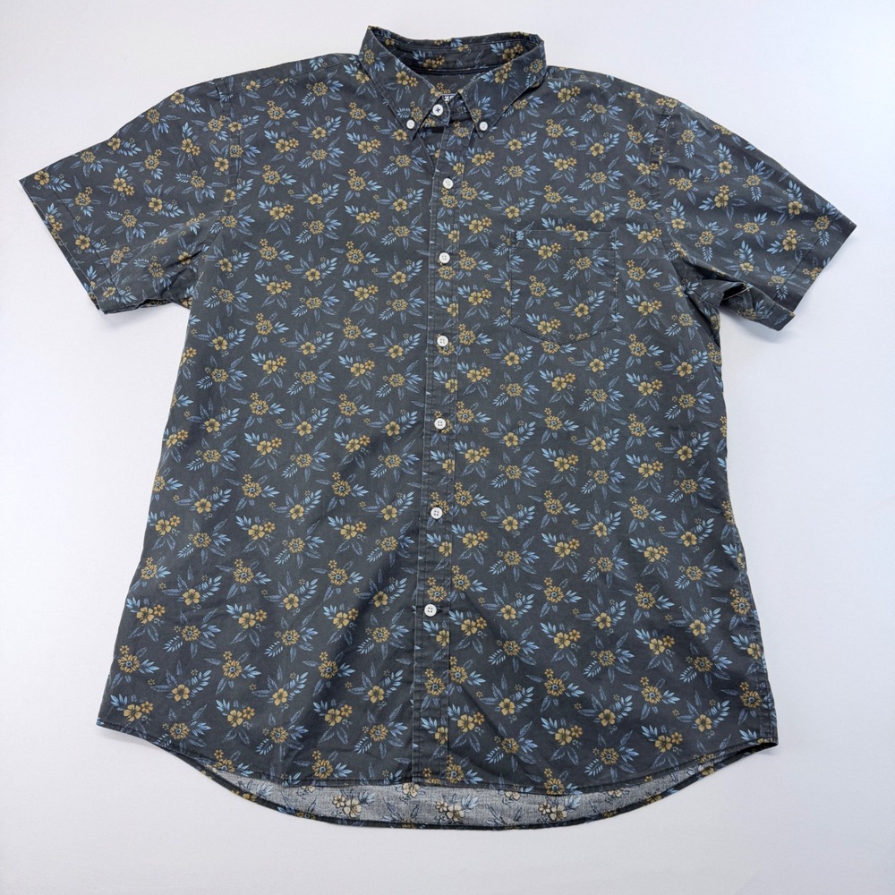 IZOD Mens XL Floral Short Sleeve Button Down Shirt Gray Yellow Tropical Casual